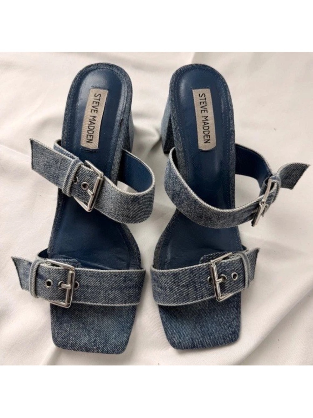 Steve Madden Denim Double-Buckle Mule Heels - Blue